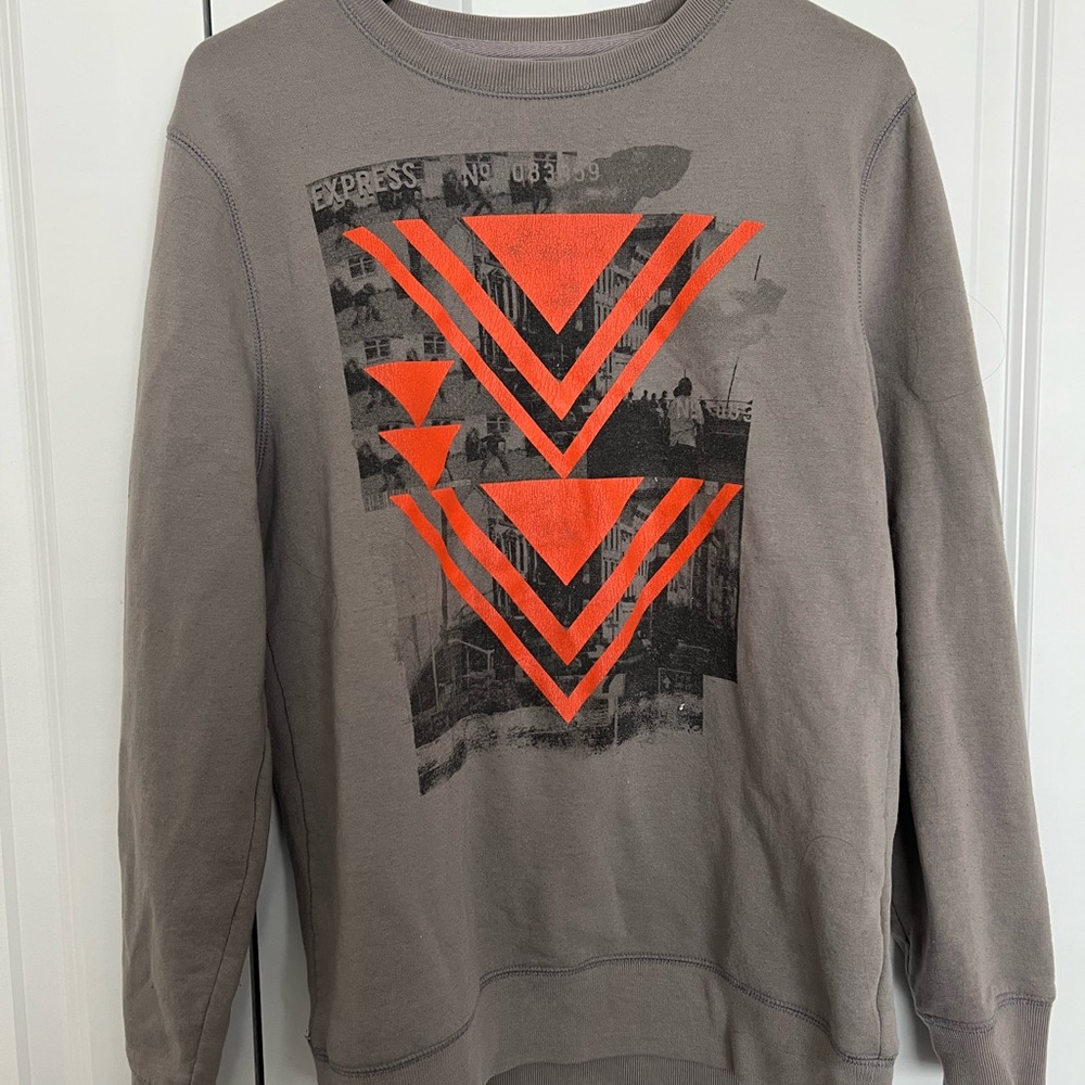 Express Women's Gray Crewneck Sweater with Orange Design